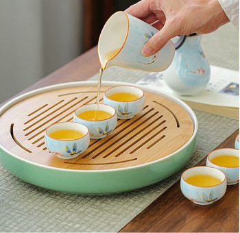 500-1800 мл поднос за чай Керамика+бамбукова чиния Съхранение на вода Чаена маса Longquan Celadon Чаен комплект Кръгла чинийка за чай Чаена чиния