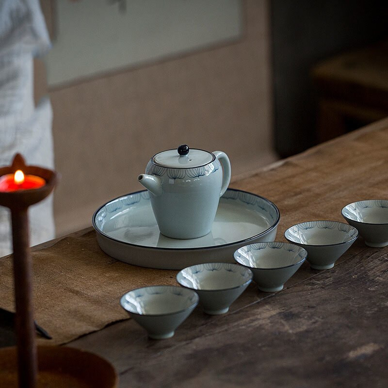 Tavă de ceai retro albastru și alb pictat manual Lotus Art Suport pentru ceainic din ceramică Tavă cu bule uscate Suport pentru ceainic Baza Kung Fu Teaware