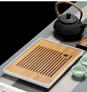Бамбукови подноси за чай-Сервиране на китайски чай Kung-Fu Комплект подноси за чай-Меламин+бамбуков поднос за чай-Съхранение на дренажна вода Комплект за чай Инструменти