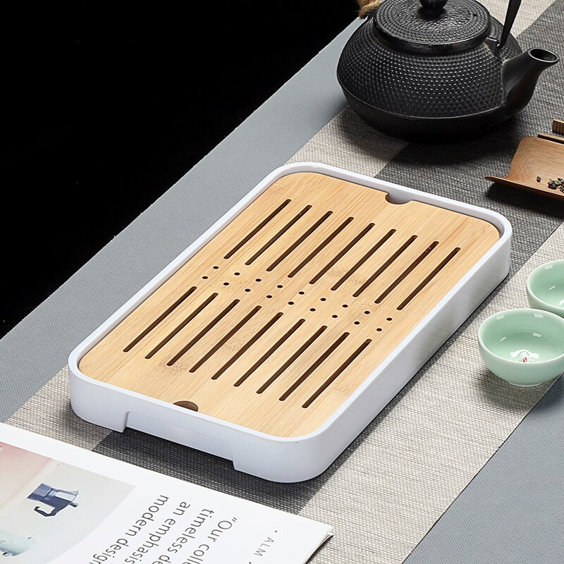 Bambuko arbatos padėklai – kiniškos arbatos serviravimas Kung-Fu arbatos padėklų rinkinys – melaminas+bambuko arbatos padėklas – drenažo vandens laikymo arbatos rinkinio įrankiai