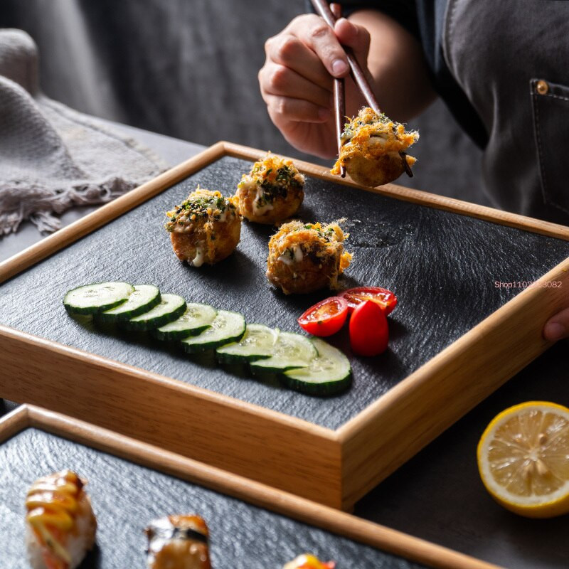 Black Rock Plate étterem Szálloda Western Plate Konyha Bambusz fa fazék Shabu-shabu tányér Pala étkészlet grilltányér