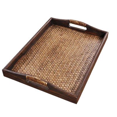 Tálca rattan kosár tea felszolgálás kávé szőtt sekély szalon Vintage egyszerű tároló edényes csésze hiúság dekoráció Dekoratív szövés