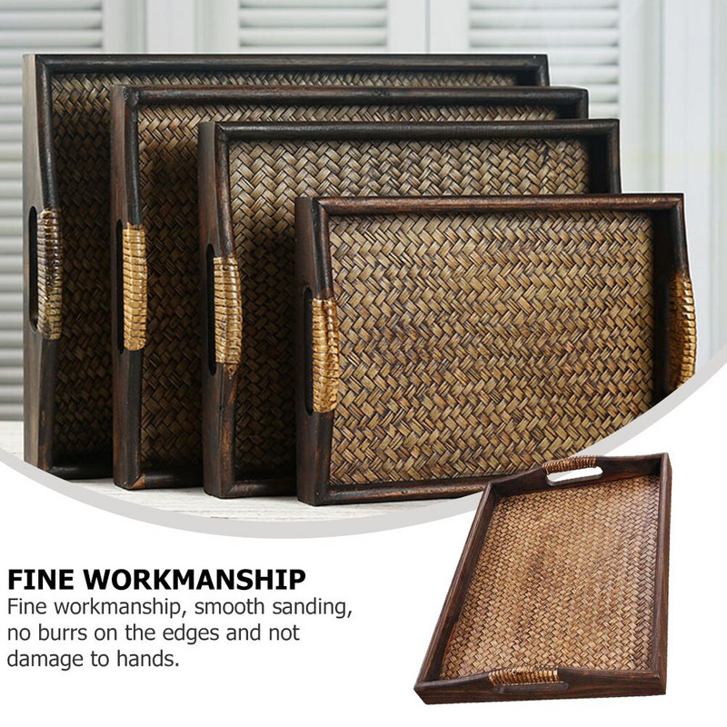 Padėklas rotango krepšelis arbatos patiekimas Kava austa sekli salonas Vintažinis paprastas laikymo konteineris puodelis kosmetinis dekoras Dekoratyvinis audimas