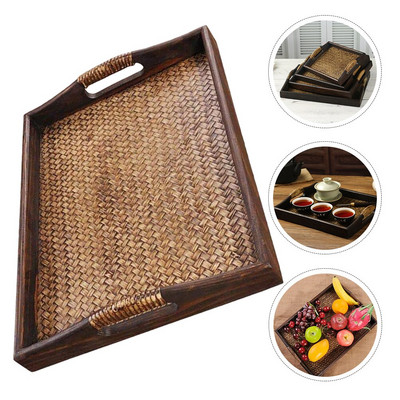 Tálca rattan kosár tea felszolgálás kávé szőtt sekély szalon Vintage egyszerű tároló konténer csésze hiúság dekoráció Dekoratív szövés