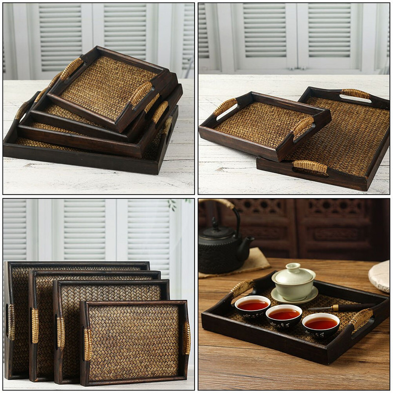 Tálca rattan kosár tea felszolgálás kávé szőtt sekély szalon Vintage egyszerű tároló konténer csésze hiúság dekoráció Dekoratív szövés
