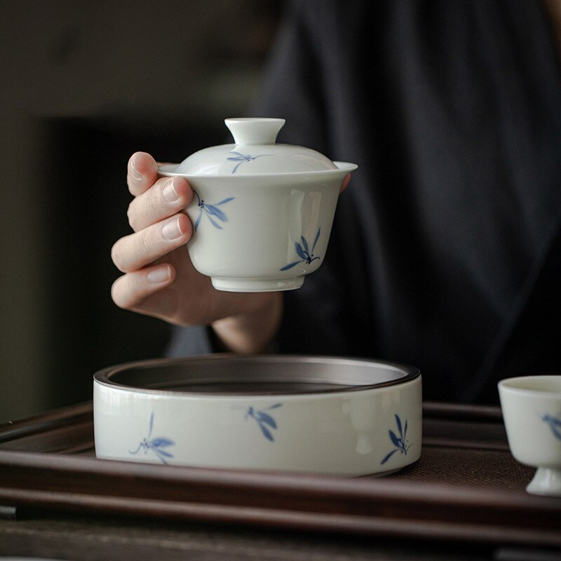 350ml ručne maľovaný hrniec s orchideou, biely porcelán, domáca keramická kanvica na čaj s motívom mesiaca, základňa zliatiny, čajová súprava Kung Fu, čajový tácok
