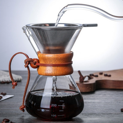 Öntsön rá kávéfőző 400 ml 600 ml 800 ml újrafelhasználható rozsdamentes acél állandó szűrős kézi kávé csepegtető valódi fa hüvelyrel
