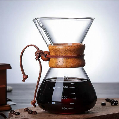 400ML 600ML 800ML Устойчива стъклена кана за кафе Филтър от неръждаема стомана Капкомер против изгаряне Дървена дръжка Саксия Бариста Инструменти