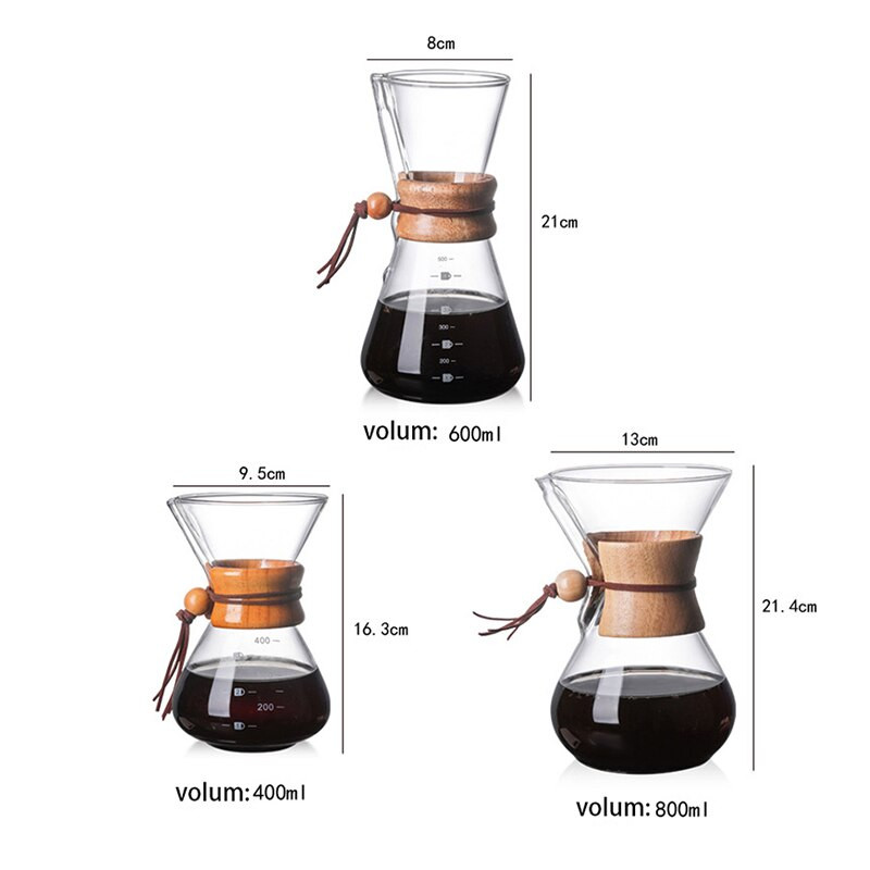 400ML 600ML 800ML Устойчива стъклена кана за кафе Филтър от неръждаема стомана Капкомер против изгаряне Дървена дръжка Саксия Бариста Инструменти