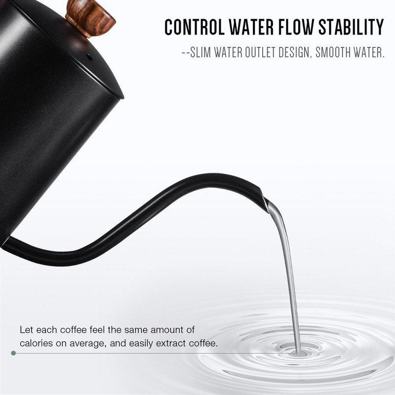 SOULHAND 600 мл Чайник за кафе от неръждаема стомана Гъша шийка Кафе тенджера Накрайник Чайник с термометър Чайник с капково изливане Лебедово гърло