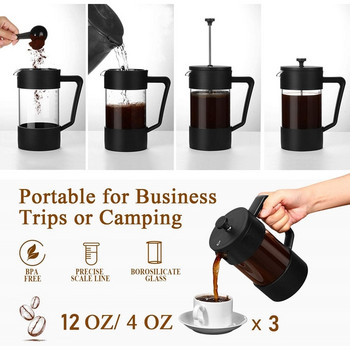 Συσκευή για καφέ και τσάι French Press 12Oz, Παχύ βοριοπυριτικό Gl Πρέσα καφέ Χωρίς σκουριά και Πλένεται στο πλυντήριο πιάτων, Μαύρο
