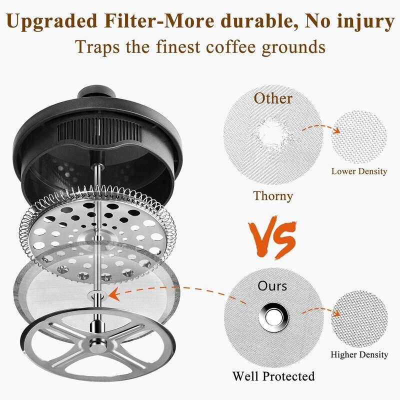 Френска преса за кафе и чай, 12 унции, удебелена боросиликатна Gl преса за кафе, без ръжда и подходяща за съдомиялна машина, черна