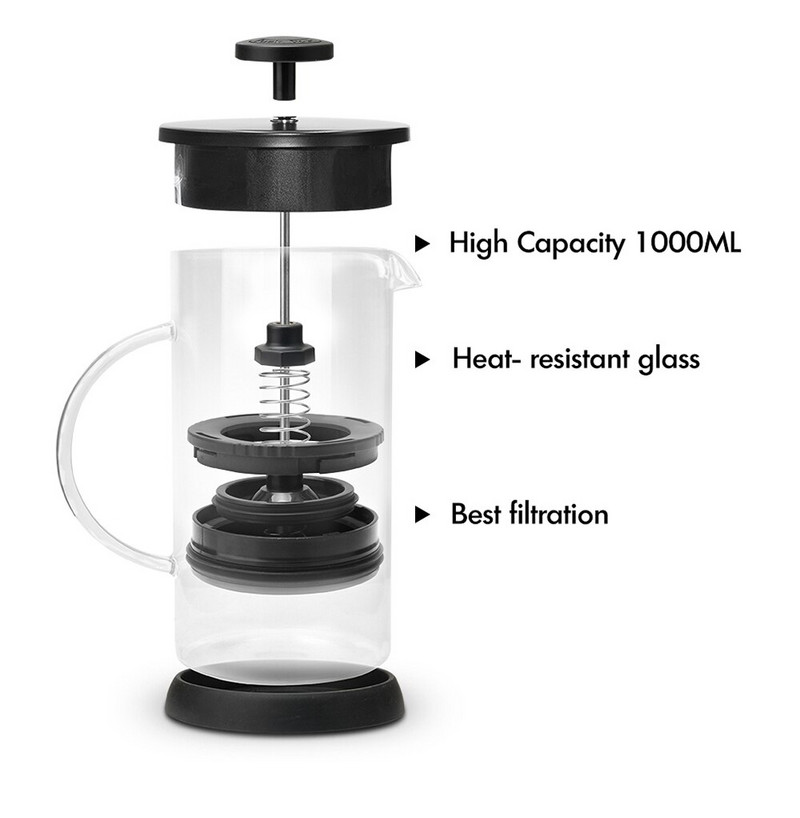 1000ML nerezová kávovarová kanvica Cafetiere French Press s filtrom, dvojstenná izolácia, dizajn, leštený procesný hrniec