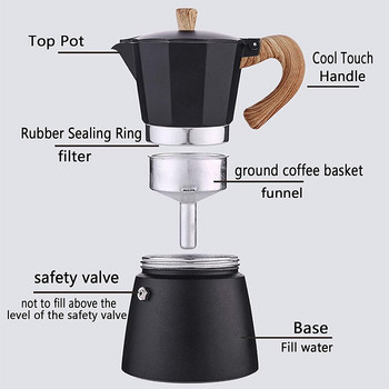 Μαγειρική μηχανή εσπρέσο αλουμινίου Moka Pot Ξύλινη λαβή Ιταλική καφετιέρα εσπρέσο Espresso Percolator Pot Sliver/ Red/ Black