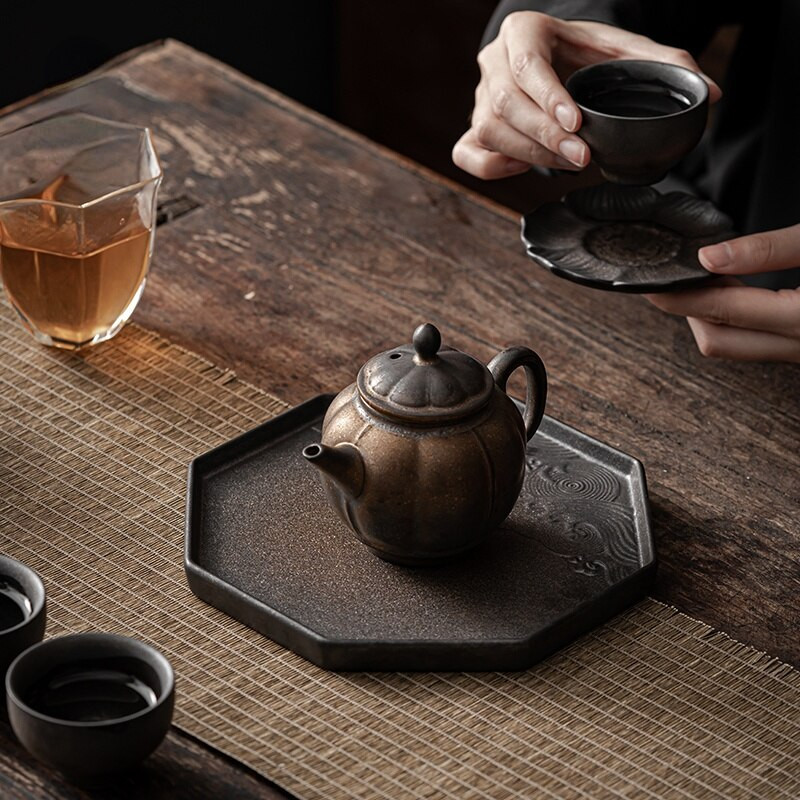 Tavă de oală din gresie aurita Tavă de ceai uscată japoneză Accesorii din ceramică zen retro Tavă de cafea Covoraș antic pentru suport de oală