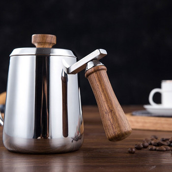 Чайник за изливане на кафе с гъши врат, Кана за кафе и чай с дълъг тесен накрайник с дървена дръжка, Неръждаема стомана 304, 350/600 ml