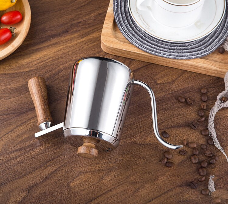 Hattyúnyak kávé öntött vízforralóval, hosszú, keskeny kifolyós kávé- és teáskanna fa nyéllel, 304 rozsdamentes acél, 350/600 ml