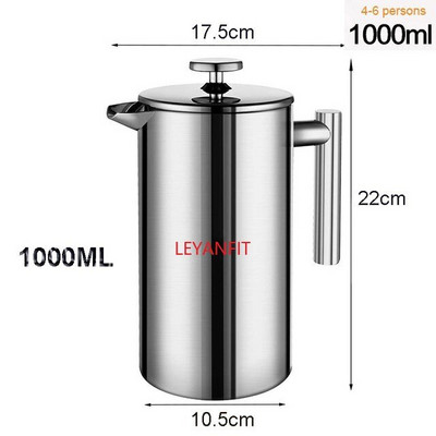 1L 1,5L French Press kávovar z nehrdzavejúcej ocele, dvojitá stena, manuálny kávovar, French Press