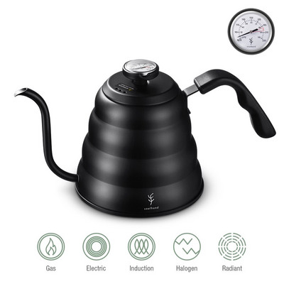 SOULHAND Gooseneck Pour Over Coffee Bokal s termometrom Lonac za kavu od nehrđajućeg čelika Kuhalo za vodu Kuhalo za kavu 1,2 L Drvena drška
