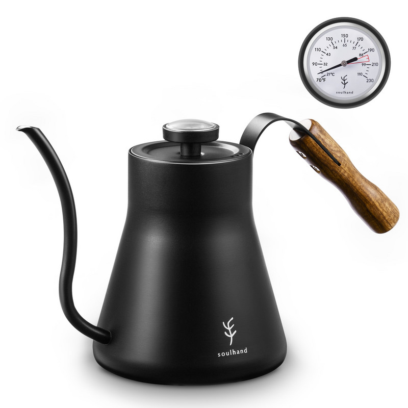 SOULHAND Gooseneck Pour Over Coffee Bokal s termometrom Lonac za kavu od nehrđajućeg čelika Kuhalo za vodu Kuhalo za kavu 1,2 L Drvena drška