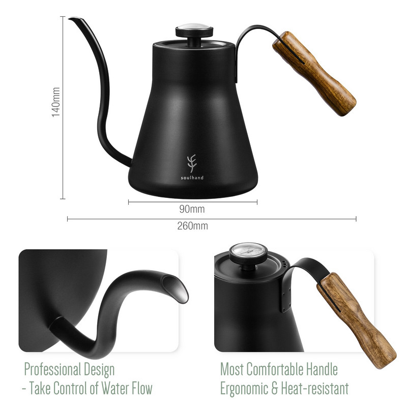 SOULHAND Gooseneck Pour Over Coffee Bokal s termometrom Lonac za kavu od nehrđajućeg čelika Kuhalo za vodu Kuhalo za kavu 1,2 L Drvena drška