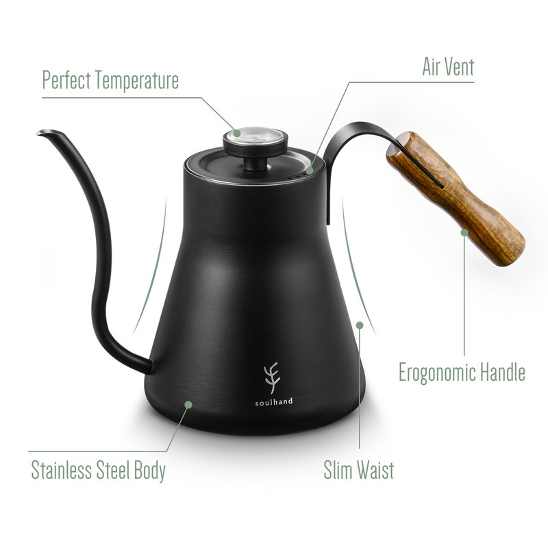 SOULHAND Gooseneck Pour Over Coffee Bokal s termometrom Lonac za kavu od nehrđajućeg čelika Kuhalo za vodu Kuhalo za kavu 1,2 L Drvena drška