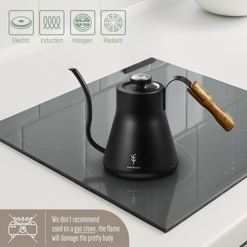 SOULHAND Gooseneck Pour Over Coffee Bokal s termometrom Lonac za kavu od nehrđajućeg čelika Kuhalo za vodu Kuhalo za kavu 1,2 L Drvena drška