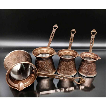 Турски модел медно леене на кафе Саксия кафе машина ръчна изработка Комплект 4 традиционен дизайн декоративни подаръчни аксесоари Османска