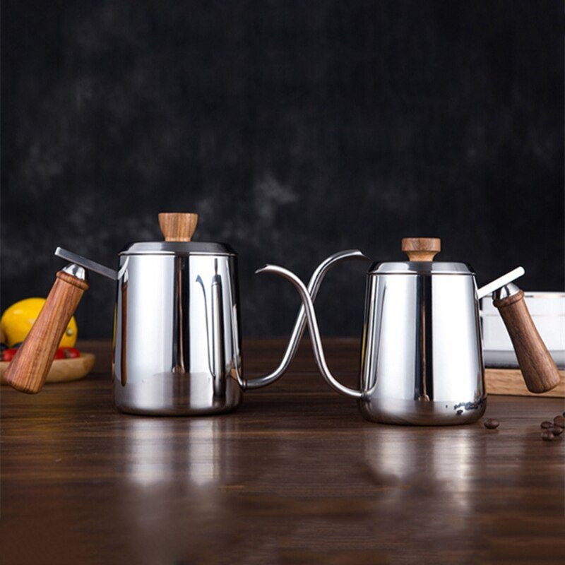 Fierbător de cafea argintiu din oțel inoxidabil de 300/600 ml, cu gură de guscă lungă, îngustă, se toarnă peste gura subțire ceainic retro cu cântare