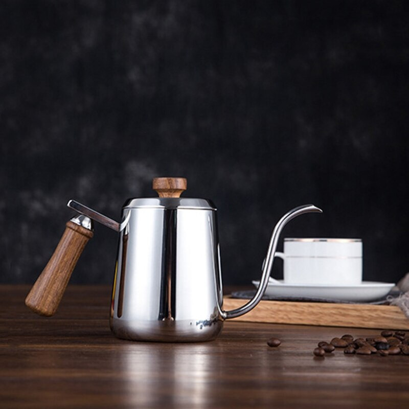 Fierbător de cafea argintiu din oțel inoxidabil de 300/600 ml, cu gură de guscă lungă, îngustă, se toarnă peste gura subțire ceainic retro cu cântare
