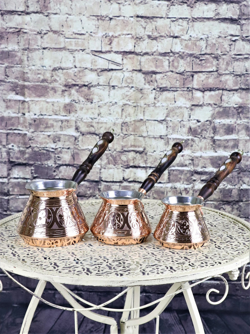 Kávovar Morčací medený gravírovaný drevený uzáver Veľký kávovar Ručne vyrobený autentický turecký espresso arabský kávovar