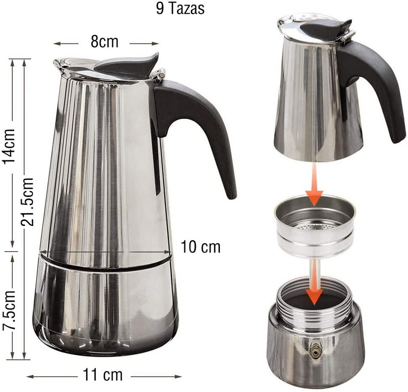 Talijanski aparat za kavu espresso aparat za kavu aparat za kavu od nehrđajućeg čelika Moka klasična čelična posuda za kuhanje kave s ergonomskom ručkom održava toplinu 9 šalica