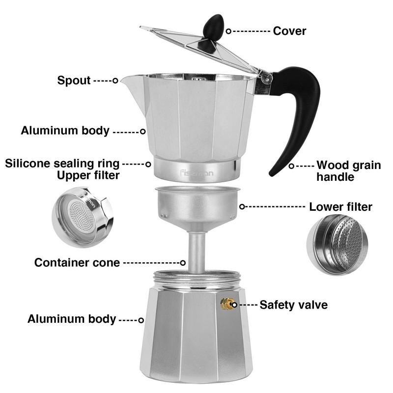 FISSMAN Kávovar na espresso, latte, mocha, hliníkový kávovar, kuchynské náradie