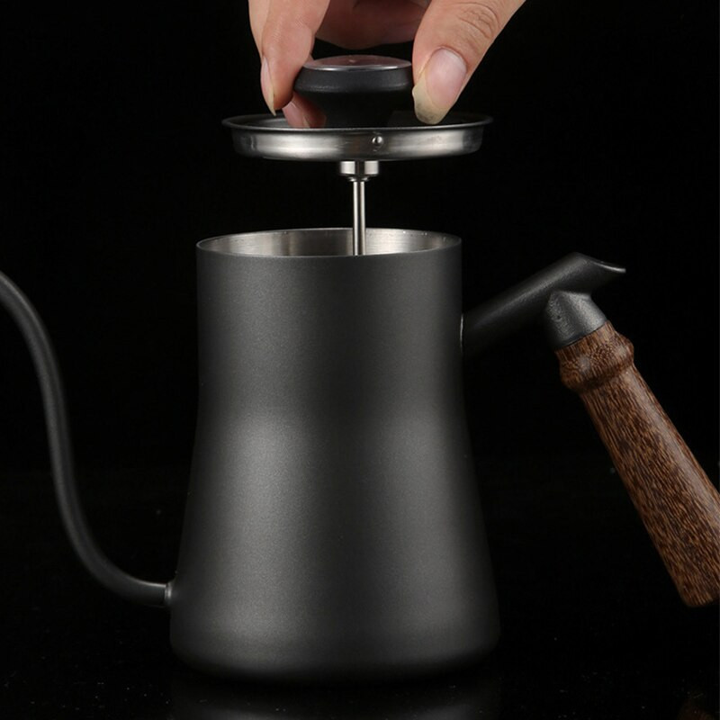 550 ml-es csepegtető vízforraló rozsdamentes acél hosszú, keskeny kifolyós kávéskanna fedővel, hőmérő, fa fogantyú, hattyúnyak, kávéskanna fölé