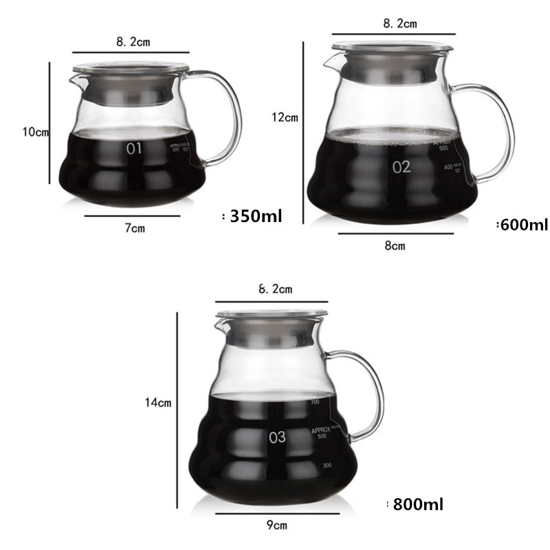 V60 kávéskanna, 350 ml-es 600 ml-es 800 ml-es üveg kávé csepegtető, szigetelt fogantyú a kávé és a friss csepegtető vízforraló számára