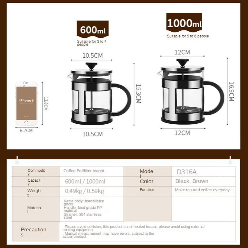 Stakleni čajnik Cafetiere French Coffee Tea Percolator Filter Press Klip Ručni aparat za espresso kavu Posuda od nehrđajućeg čelika Porijeklo