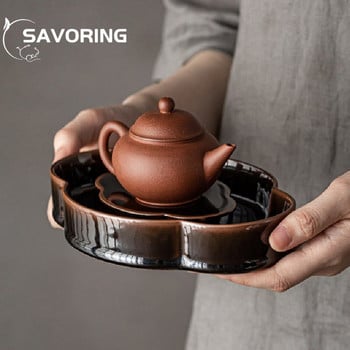 Глазирана тенджера Tianmu наследява нов китайски стил Поднос за сух чай Kung Fu TeaSet Вградена тенджера за вдигане на вода Поднос за съхранение на вода Тяло Бегония