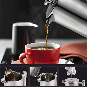 Двуслойна кана за варене на кафе Чай тенджера от неръждаема стомана 304 с филтър Кафеварка Френска тенджера под налягане с уплътняваща скоба/лъжица