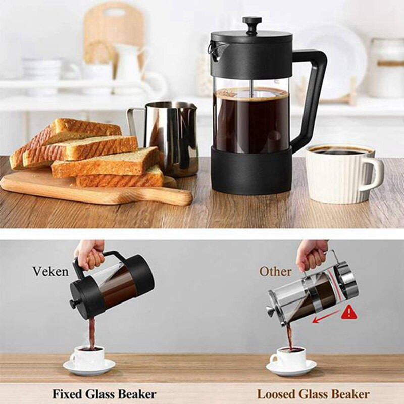 French Press kávovar, 1 litrový sklenený kávovar na kávu na domáce cestovanie a kempovanie (čierny, 1000 ml (5 šálok))
