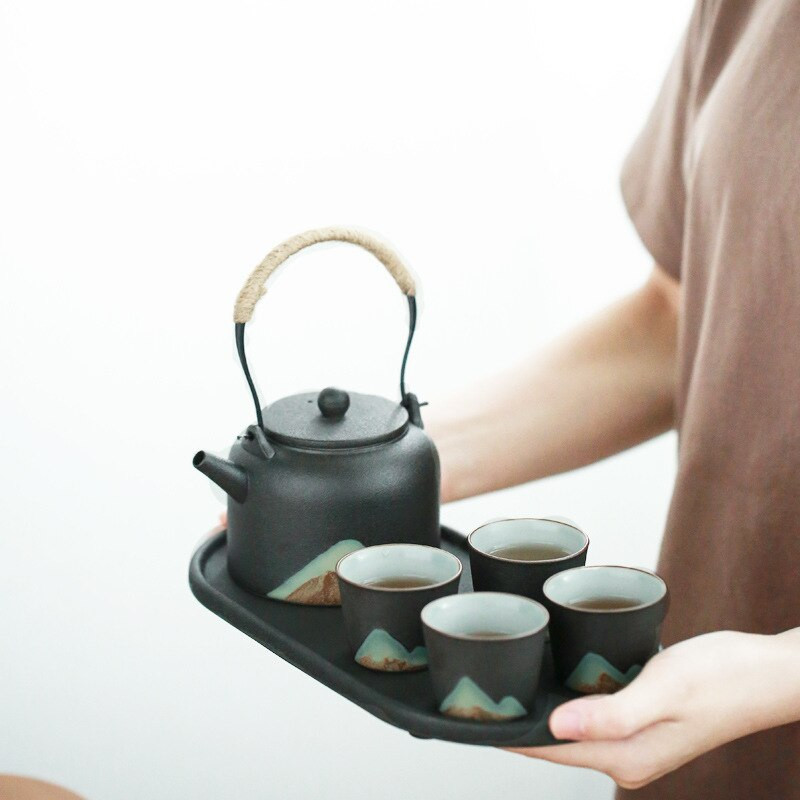 Japonský čierny kamenný čajový tácok na cestovanie, obývačka, kancelária, retro, malý, keramický, moderný, platforma, zenový čajový tácok, reštaurácia, čajový riad