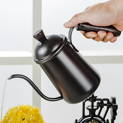 Kanvica na kávu a čaj s objemom 650 ml, drevená rukoväť, odkvapkávacia kanvica s husím krkom, nerezová oceľ, nepriľnavý povrch, potravinárska kvalita