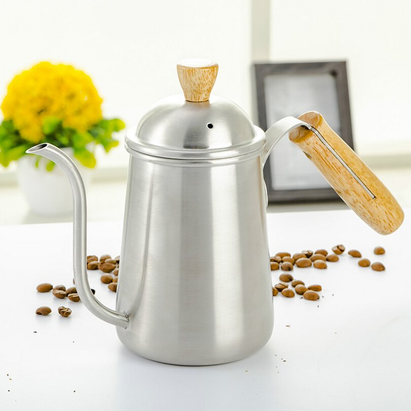 Kanvica na kávu a čaj s objemom 650 ml, drevená rukoväť, odkvapkávacia kanvica s husím krkom, nerezová oceľ, nepriľnavý povrch, potravinárska kvalita