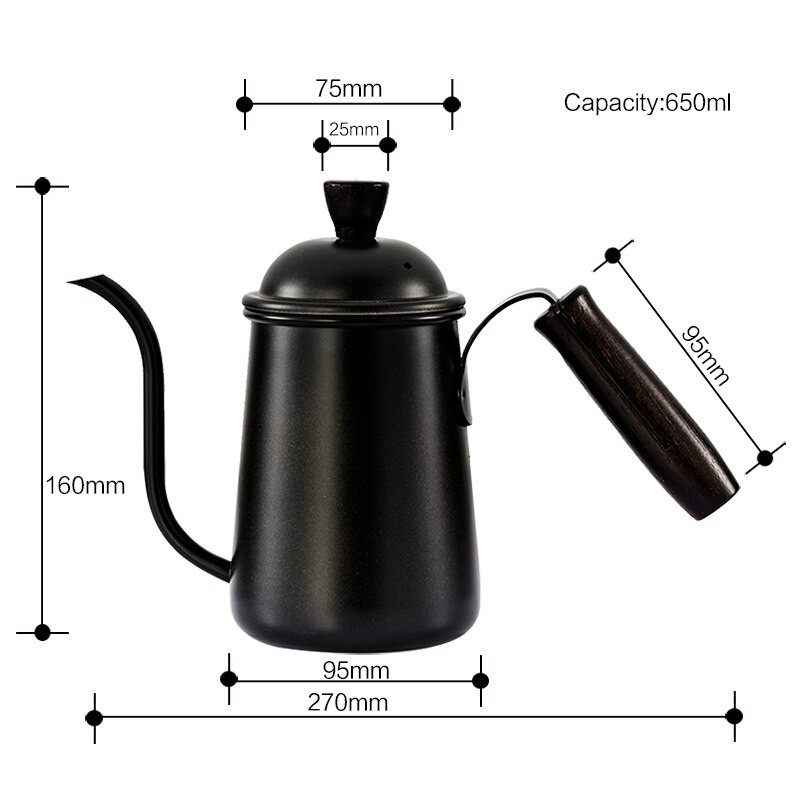 Kanvica na kávu a čaj s objemom 650 ml, drevená rukoväť, odkvapkávacia kanvica s husím krkom, nerezová oceľ, nepriľnavý povrch, potravinárska kvalita