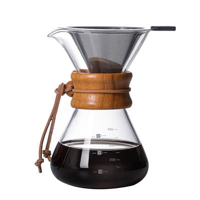 Pour Over Coffee Maker 400/600/800/1000ML Επαναχρησιμοποιήσιμο φίλτρο καφέ από ανοξείδωτο χάλυβα με ξύλινη λαβή κατά του ζεματίσματος