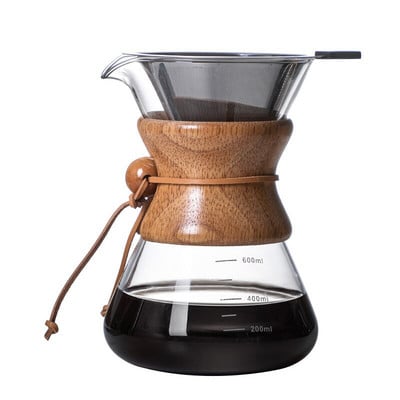 Pour Over Coffee Maker 400/600/800/1000ML Επαναχρησιμοποιήσιμο φίλτρο καφέ από ανοξείδωτο χάλυβα με ξύλινη λαβή κατά του ζεματίσματος