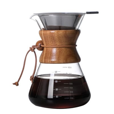Pour Over Coffee Maker 400/600/800/1000ML Επαναχρησιμοποιήσιμο φίλτρο καφέ από ανοξείδωτο χάλυβα με ξύλινη λαβή κατά του ζεματίσματος