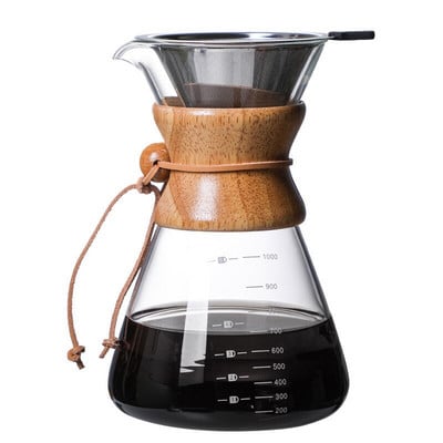 Pour Over Coffee Maker 400/600/800/1000ML Επαναχρησιμοποιήσιμο φίλτρο καφέ από ανοξείδωτο χάλυβα με ξύλινη λαβή κατά του ζεματίσματος