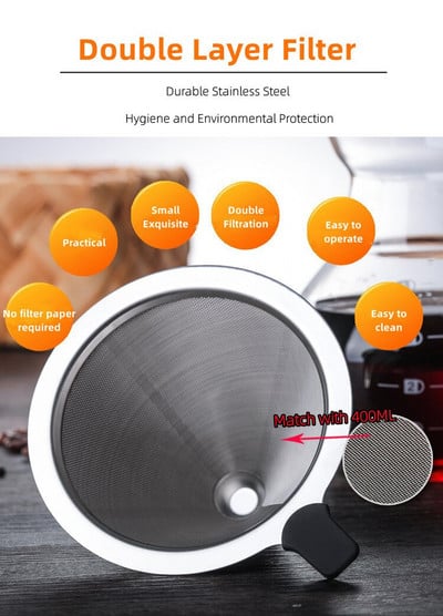 Pour Over Coffee Maker 400/600/800/1000ML Επαναχρησιμοποιήσιμο φίλτρο καφέ από ανοξείδωτο χάλυβα με ξύλινη λαβή κατά του ζεματίσματος