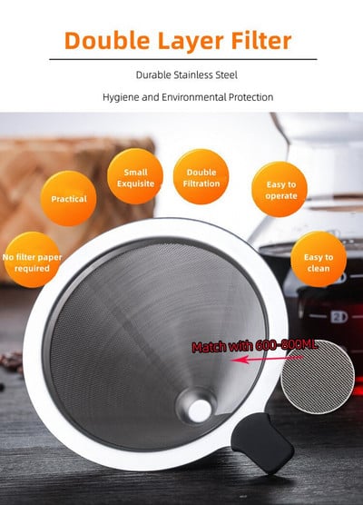 Pour Over Coffee Maker 400/600/800/1000ML Επαναχρησιμοποιήσιμο φίλτρο καφέ από ανοξείδωτο χάλυβα με ξύλινη λαβή κατά του ζεματίσματος