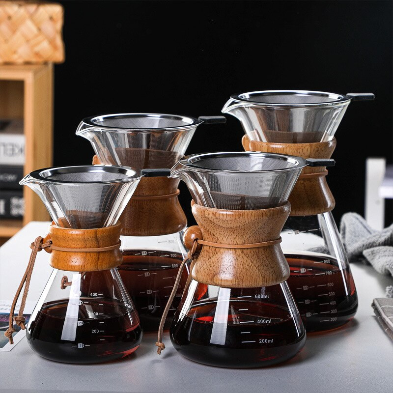 Pour Over Coffee Maker 400/600/800/1000ML Επαναχρησιμοποιήσιμο φίλτρο καφέ από ανοξείδωτο χάλυβα με ξύλινη λαβή κατά του ζεματίσματος